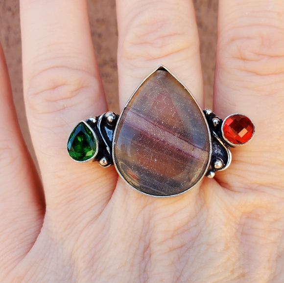 New Fluorite, Garnet and Green Quartz 925 Silver Ring. - Picture 9 of 15